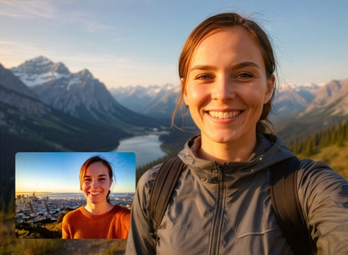 Smiling woman in hiking gear taking a selfie at golden hour with a mountain valley and lake behind her, alongside a reference portrait of the same woman in an urban setting.