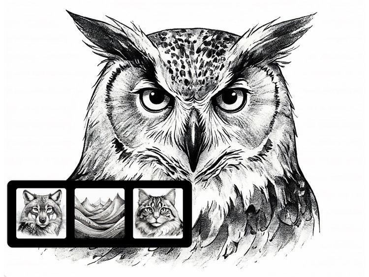 A black-and-white illustration of an own. UI in the lower left corner shows similar illustrations of a wolf, a landscape, and a cat.