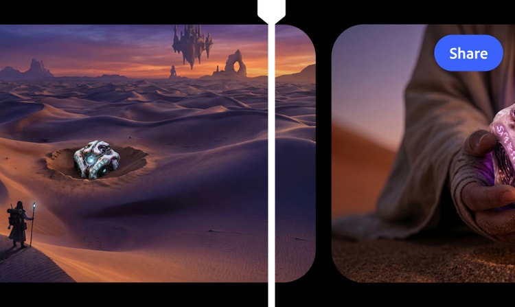 A lone wanderer with a backpack and magical staff happens upon an artifact that has crashed in the desert. The artifact is covered in glowing runes. A floating castle looms on the horizon. To the right, we see the next panel in the story, where the robed figure is holding a magical artifact.
