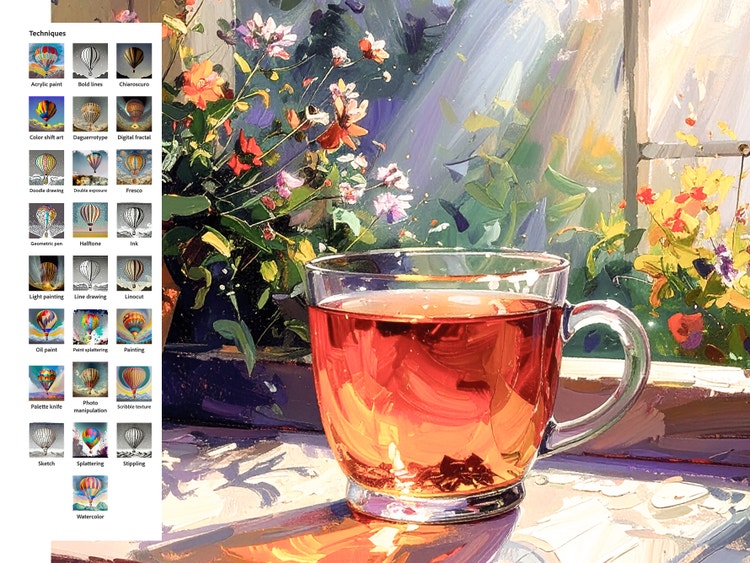 An image of a clear glass teacup on a flower-covered windowsill on a sunny day. The image is in a painterly style with visible brushstrokes. UI to the left lists several other painting styles available for the image.