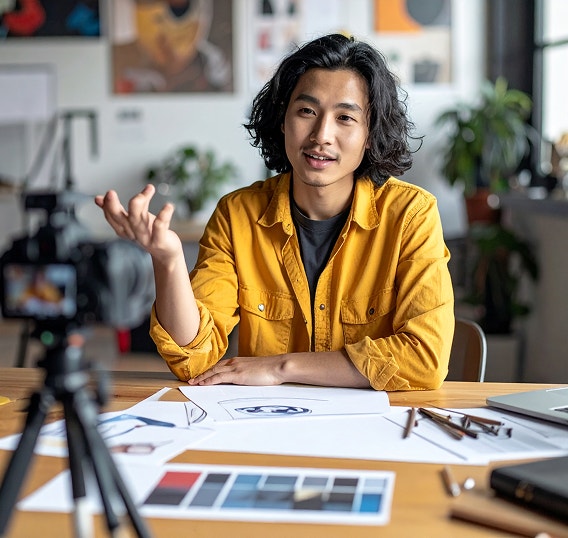 A man sits at a desk in an artists studio, speaking and gesturing.