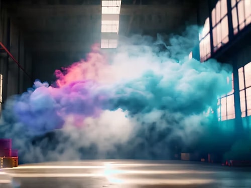 Firefly inside empty warehouse, clouds of color smoke float in air