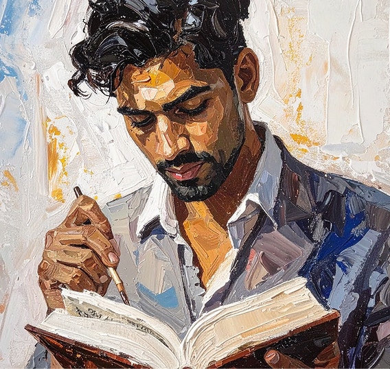A portrait of a man reading a book in a style with blocky, visible brushstrokes. UI on the right side of the image shows a photo used as reference.