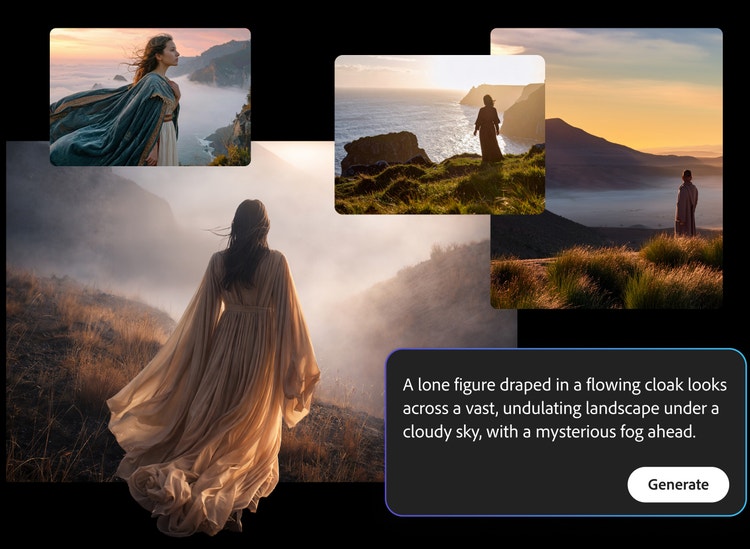 A woman in a flowing cloak gazes out on fog, sea cliffs, and mist-covered valleys. UI in the bottom right corner says "A lone figure draped in a flowing cloak looks across a vast, undulating landscape under a cloudy sky, with a mysterious fog ahead." Followed by "Generate."
