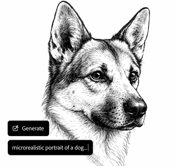 A black-and white image of a dog. UI next to it includes the text "Generate" and "microrealistic portrait of a dog."