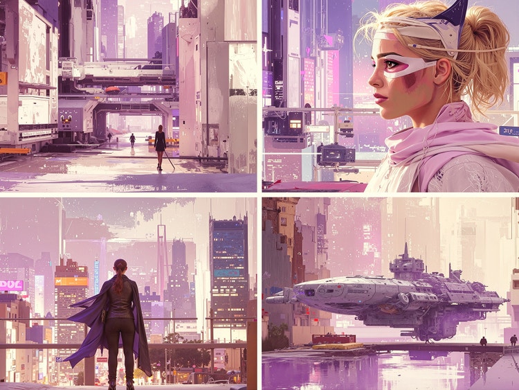 Four-panel sci-fi comic in soft pink and purple tones, showing a futuristic city with tall buildings and neon signs. One panel shows a lone figure walking through the city. The second shows a close-up of a blonde woman in a high-tech mask. The third shows a caped figure looking over the skyline. The last panel shows a large spaceship hovering between buildings.