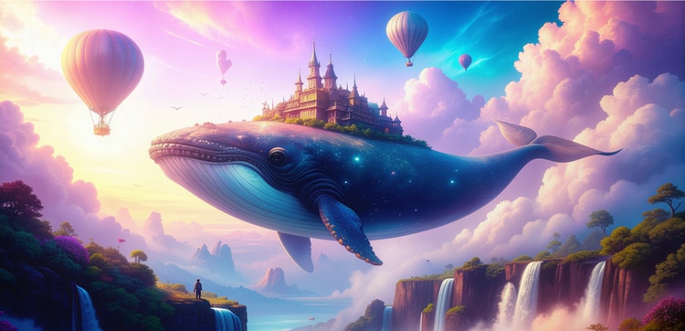 Giant flying whale carrying a castle on its back, soaring through a vibrant sky dotted with hot air balloons over a landscape filled with waterfalls.