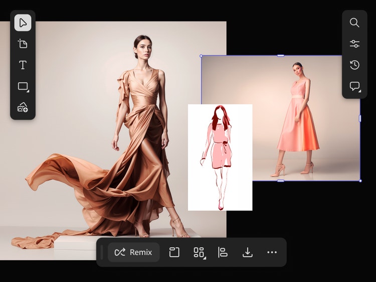 A fashion mood board interface showing a model in a flowing peach gown alongside a sketch and a second model in a pink dress, with editing toolbars and a “Remix” button.