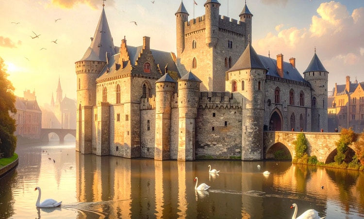 English medieval castle surrounded by a gleaming moat in the morning dewy light
