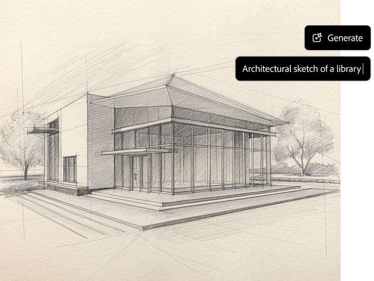 A pencil-style architectural sketch of a modern library building with large windows, clean geometric lines, steps, and trees in the background. A Firefly “Generate” button appears in the upper-right corner, with a prompt field below that reads, “Architectural sketch of a library.”