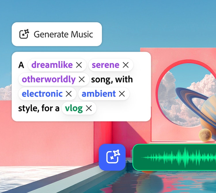 Surreal pastel scene with geometric shapes, clouds, and a ringed planet, overlaid with a music generation interface showing prompt tags and an audio waveform preview.