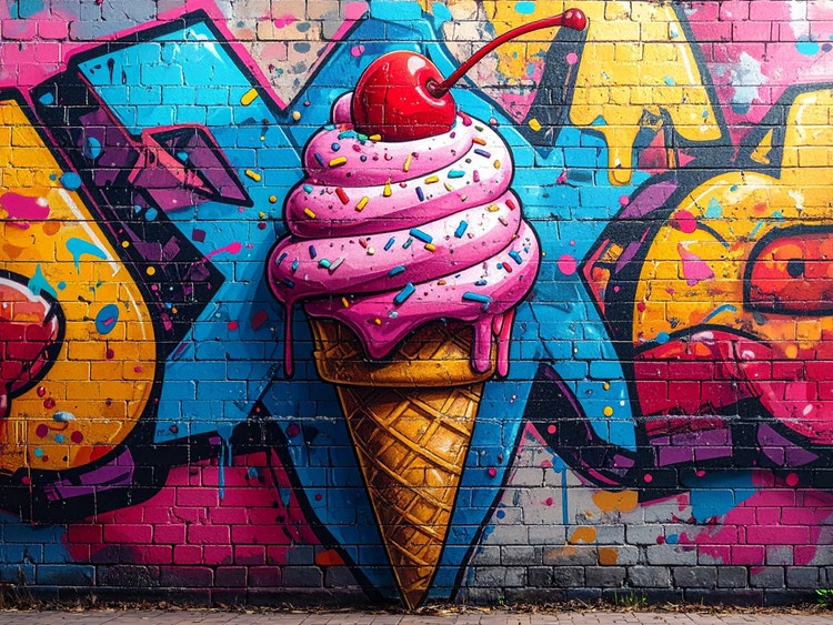 Colorful graffiti art on a wall, prominently displaying a stylized ice cream cone design.