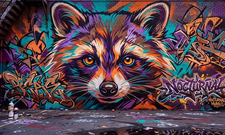 A large colorful graffiti mural of a raccoon face painted on a brick wall, surrounded by bold street-art lettering in teal, orange, purple, and black.