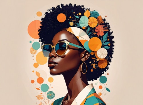 Artistic portrait featuring a person in profile with layered geometric and floral design elements.