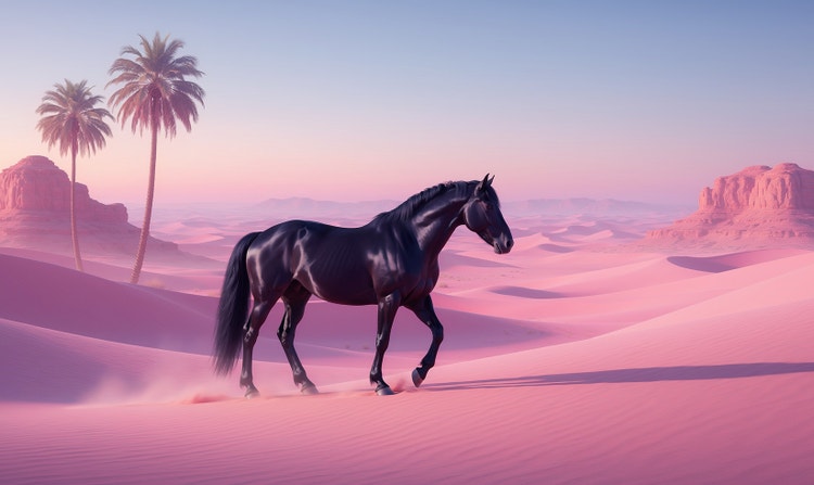 A black horse walking through a pink desert landscape at sunset, with palm trees, dunes, and mountains in the background.