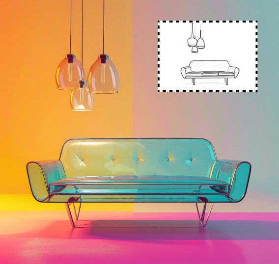 A black-and-white sketch of a midcentury couch next to a full-color cartoon image of one.