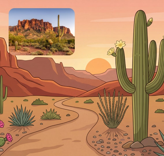 A colorful illustrated desert landscape with tall cacti, flowering prickly pear, agave plants, red rock mesas, and a winding path at sunset. A small reference photo of a desert scene with red cliffs and saguaro cacti appears in the upper-left corner.
