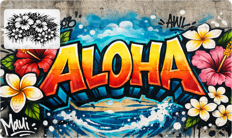 A wall of graffiti images of flowers and the word "ALOHA" in large yellow-and-red letters.