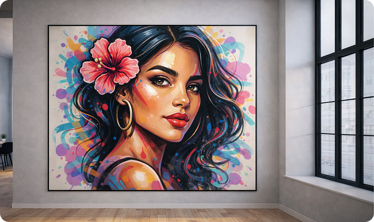 A large framed portrait of a woman on a wall. She has a red flower in her hair and is looking over her shoulder at the viewer. The image is done in a style that evokes street art.