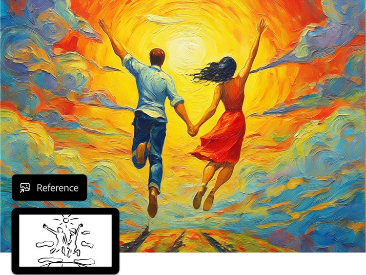 An image of two people holding hands and leaping skyward in front of the sun. The image appears to have brushstrokes. UI in the lower left shows a line drawing a of a similar leaping couple, labeled "Reference."