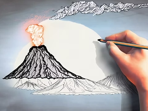 Firefly hand drawing a volcano