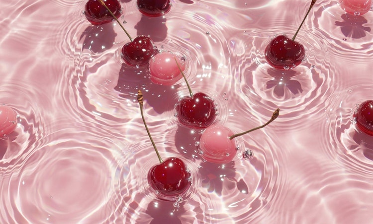 Macro shot of glossy red cherries and pink candy-like cherries floating in pink water