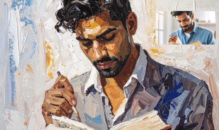 A portrait of a man reading a book in a style with blocky, visible brushstrokes. UI on the right side of the image shows a photo used as reference.