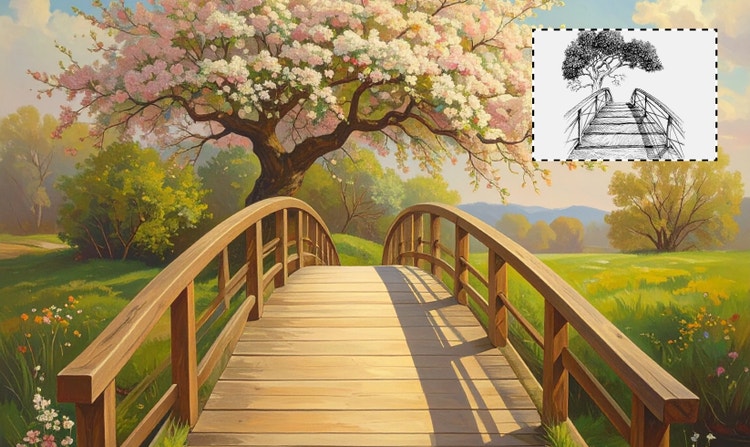 A colorful cartoon image of a wooden footbridge and blooming cherry tree. A black-and-white sketch in the upper right shows a simpler reference image of the same bridge and tree.