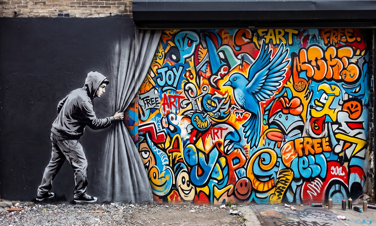 A street art mural showing a grayscale hooded figure pulling back a curtain to reveal a colorful graffiti wall filled with bold lettering, a blue bird, smiley faces, and words like “art,” “joy,” and “free.”