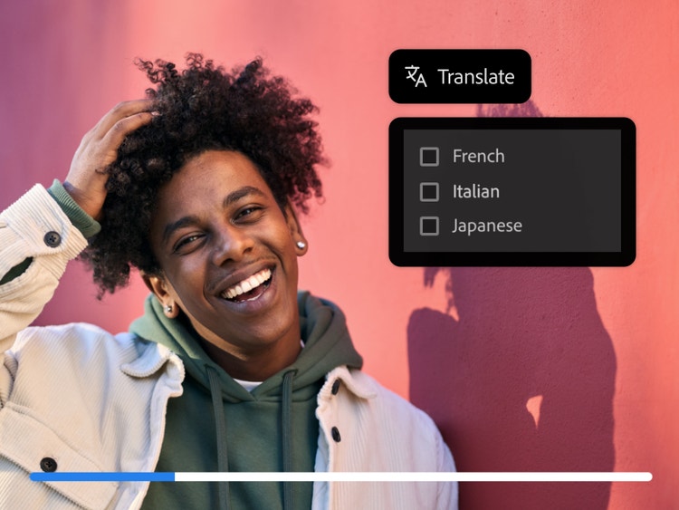 Still of man against red background and language selection panel with French, Italian, Japanese options for AI video translation