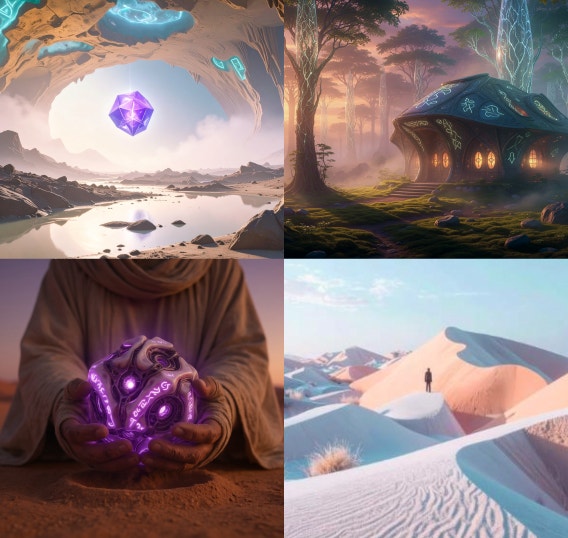 A single image divided into four parts: The top left image shows a floating, glowing magical artifact. The top right a small cottage or hut covered with glowing runes in a fantasy setting. The bottom left images shows a robed figure in a desert holding a mysterious object covered with purple runes. The bottom right image depicts a robed figure in a desert.