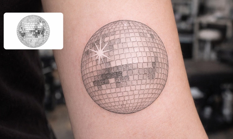 A photorealistic image of a disco ball on skin. UI in the upper left corner shows the generated reference image.
