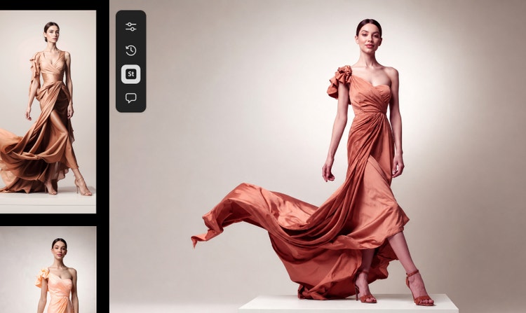 Image-editing interface showing a model in a flowing peach dress, with reference thumbnails on the side and a generated variation of the dress in the main canvas.