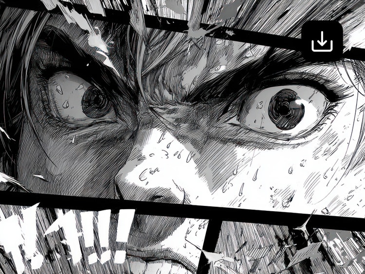 Black-and-white manga-style close-up of an intense character’s wide eyes and furrowed brow, with heavy ink shading, sweat marks, and a download icon overlay.