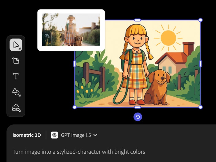 A photograph of a young girl with a dog is transformed into an illustration with the prompt "Turn image into a stylized-character with bright colors".