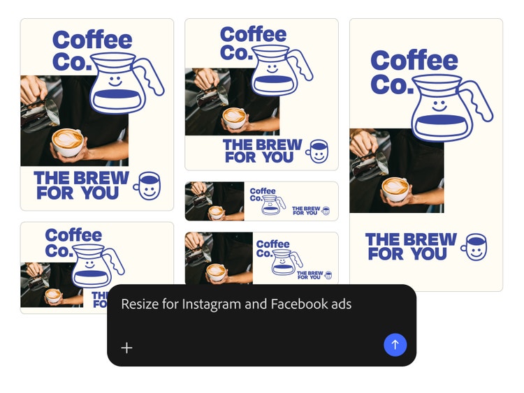 simple prompt directs Firefly AI Assistant to automatically resize a coffee company advertisement for Instagram and Facebook ads.