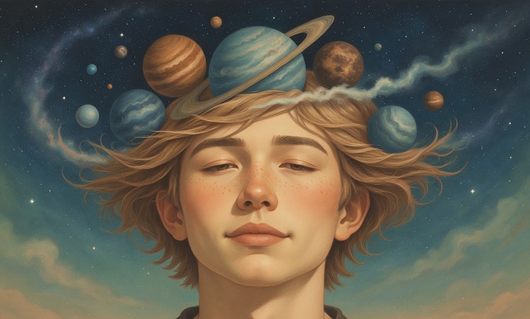 An imaginative illustration of a young person with freckles and windswept hair, surrounded by swirling planets, stardust, and a starry sky like a surreal cosmic crown.