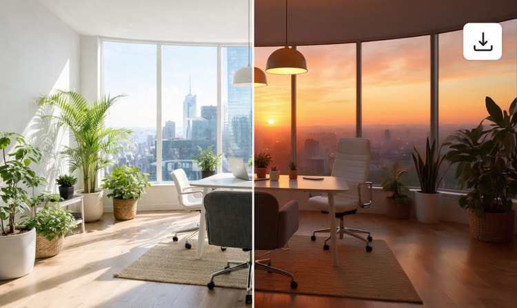 An image of an empty conference room with a view to a cityscape divided down the middle. The left half of the image shows the conference room during the day, the right at sunset.