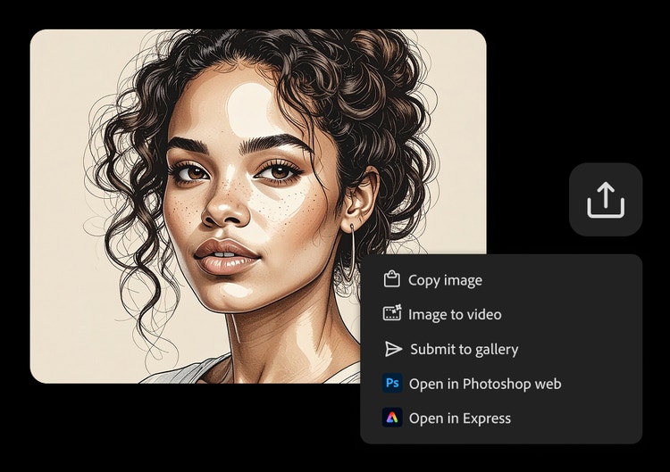 A line drawing of a woman's face appears behind Firefly commands that allow you export and share the image.