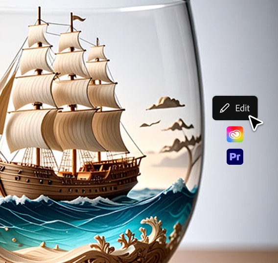 Ship inside a glass bottle with an Edit button overlay and Creative Cloud and Premiere icons.