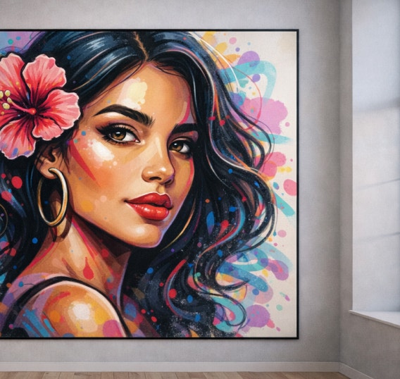 A large framed portrait of a woman on a wall. She has a red flower in her hair and is looking over her shoulder at the viewer. The image is done in a style that evokes street art.