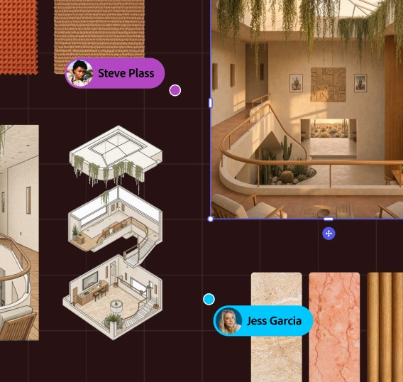Firefly Boards interface shows architectural references, material swatches, collaborator comments, and interior concept images arranged on a shared canvas.