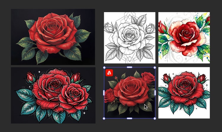 Six different images of a red rose, each in a different illustration style.