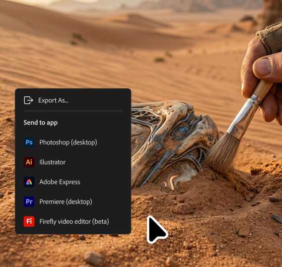 A close-up of a gloved hand brushing off a magical artifact they've found in the desert. UI in the left part of the image shows an Export menu, with several Creative Cloud apps given as export options.