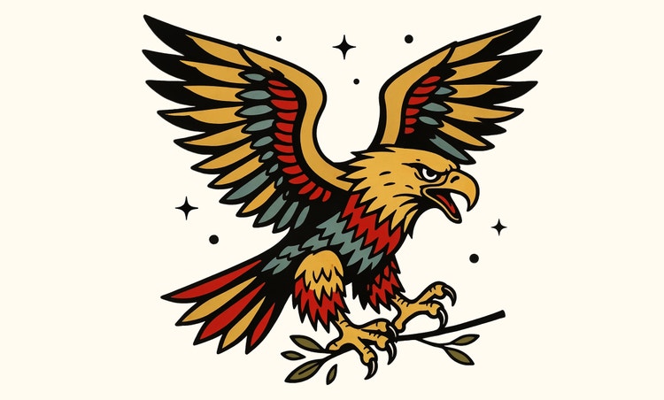 A bold tattoo-style eagle illustration with wings spread, perched on a small branch, surrounded by star accents.