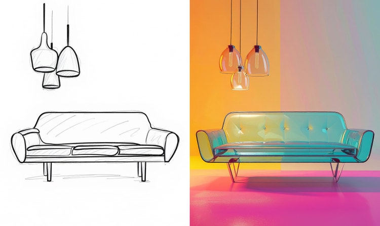 A black-and-white sketch of a midcentury couch next to a full-color cartoon image of one.