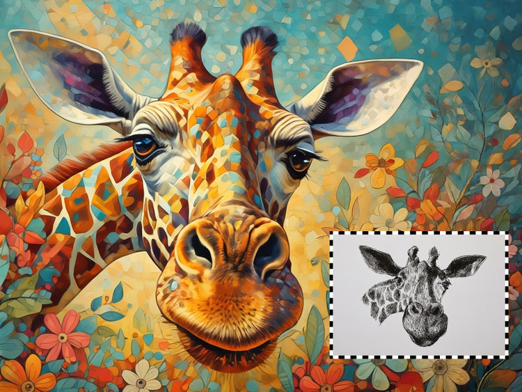 A cartoon-inspired image of a giraffe's face. UI in the lower right shows a black-and-white sketch of a similar giraffe.