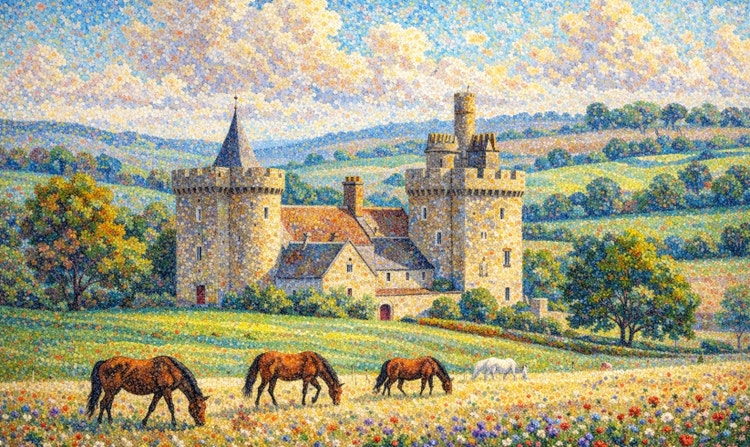 A pointilism-style landscape of horses grazing in field in front of a European castle and rolling, wooded hills.