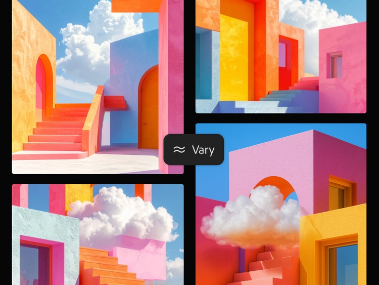 A mood board layout showing four colorful architectural images with pink stairs, orange archways, yellow walls, blue sky, and clouds, with a floating “Vary” button suggesting image variation tools.