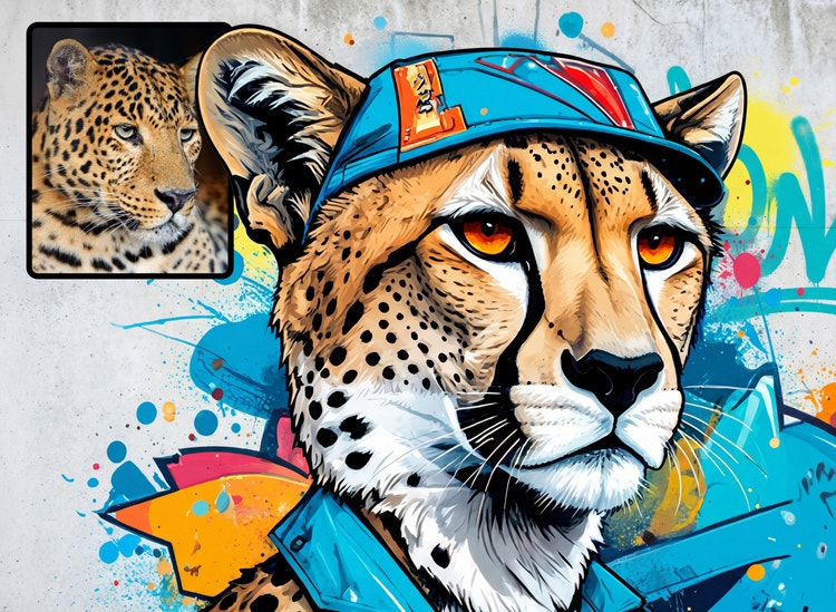 A graffiti-style cartoon of a leopard wearing a hat. A photo of a real leopard in the upper left corner is shown as a reference.
